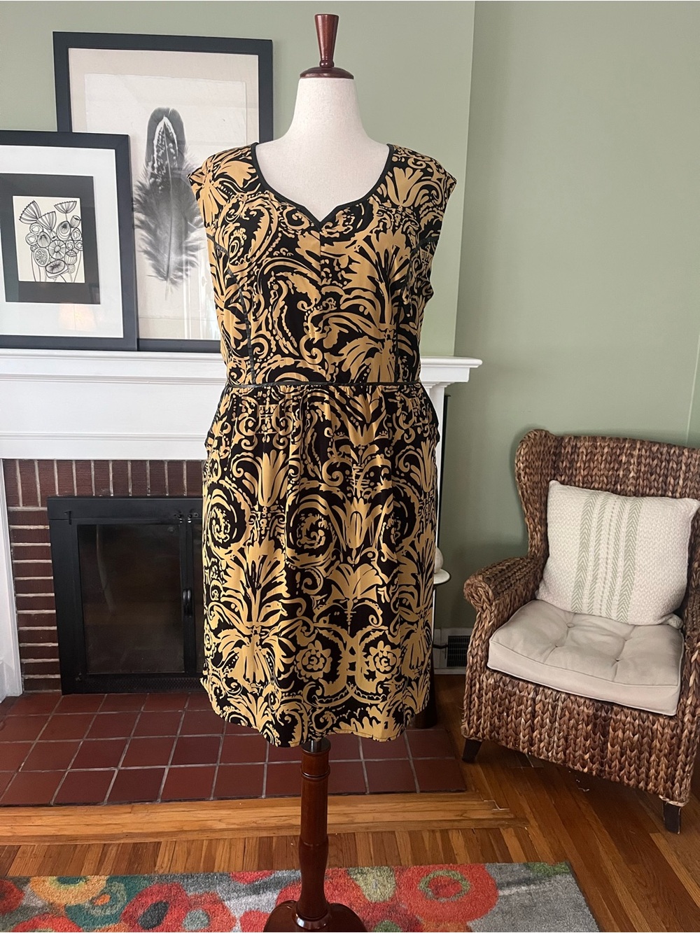 Lane Bryant Black/ Gold  Baroque Fit & Flare Dress - Leatherette Trim - Size 20